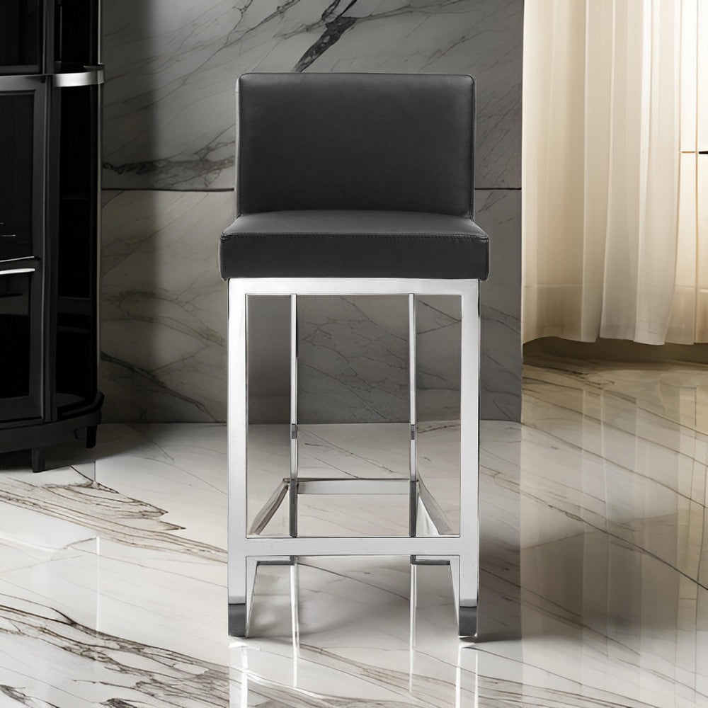 Benjara Boly 26 Inch Counter Height Chair, Black Faux Leather, Chrome Steel