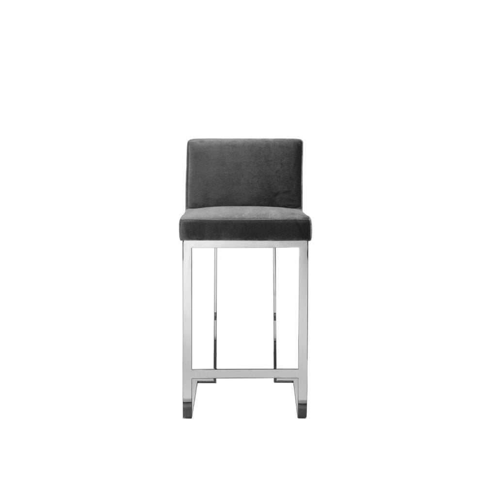 Benjara Boly 26 Inch Counter Height Chair, Gray Velvet, Foam Cushions, Chrome Steel