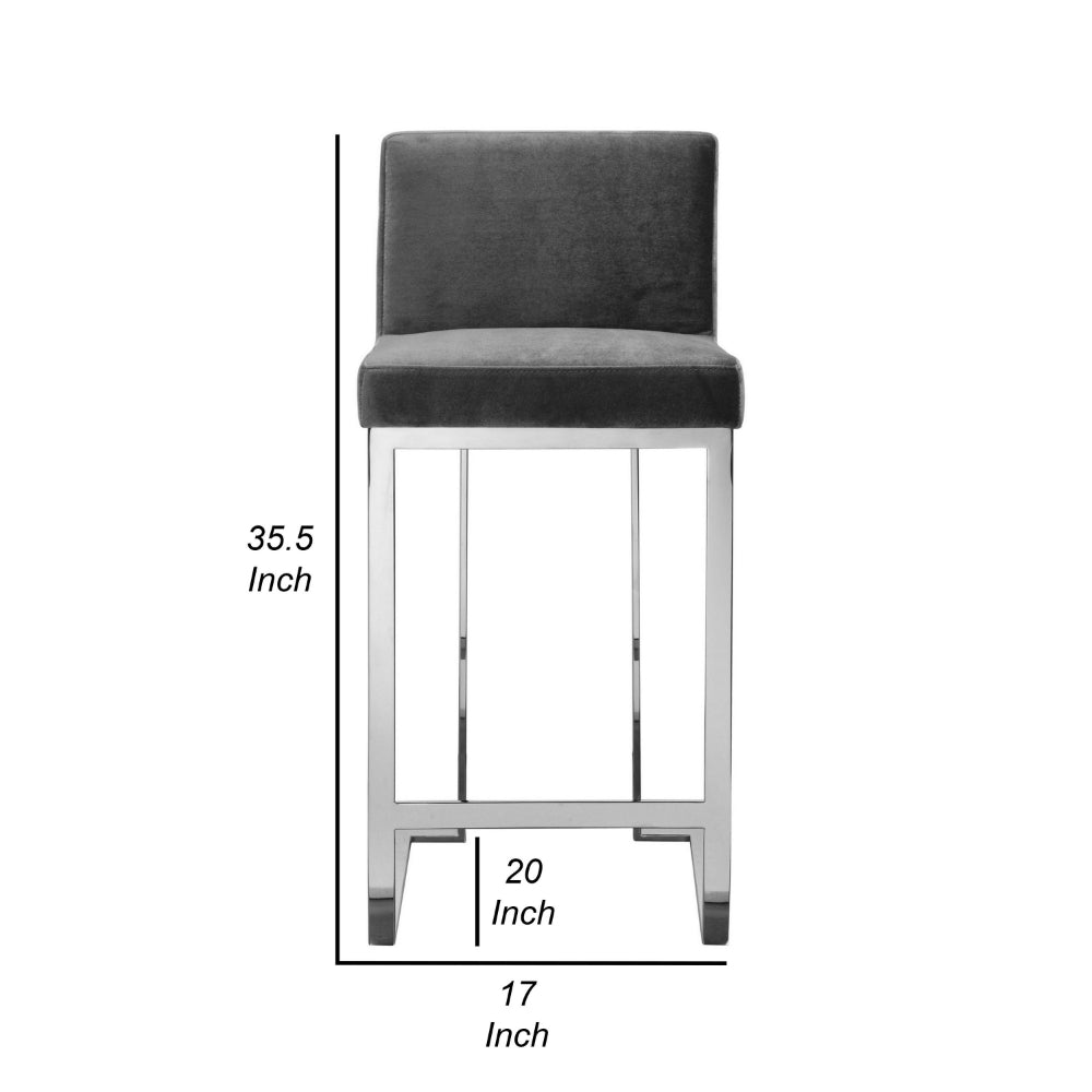 Benjara Boly 26 Inch Counter Height Chair, Gray Velvet, Foam Cushions, Chrome Steel