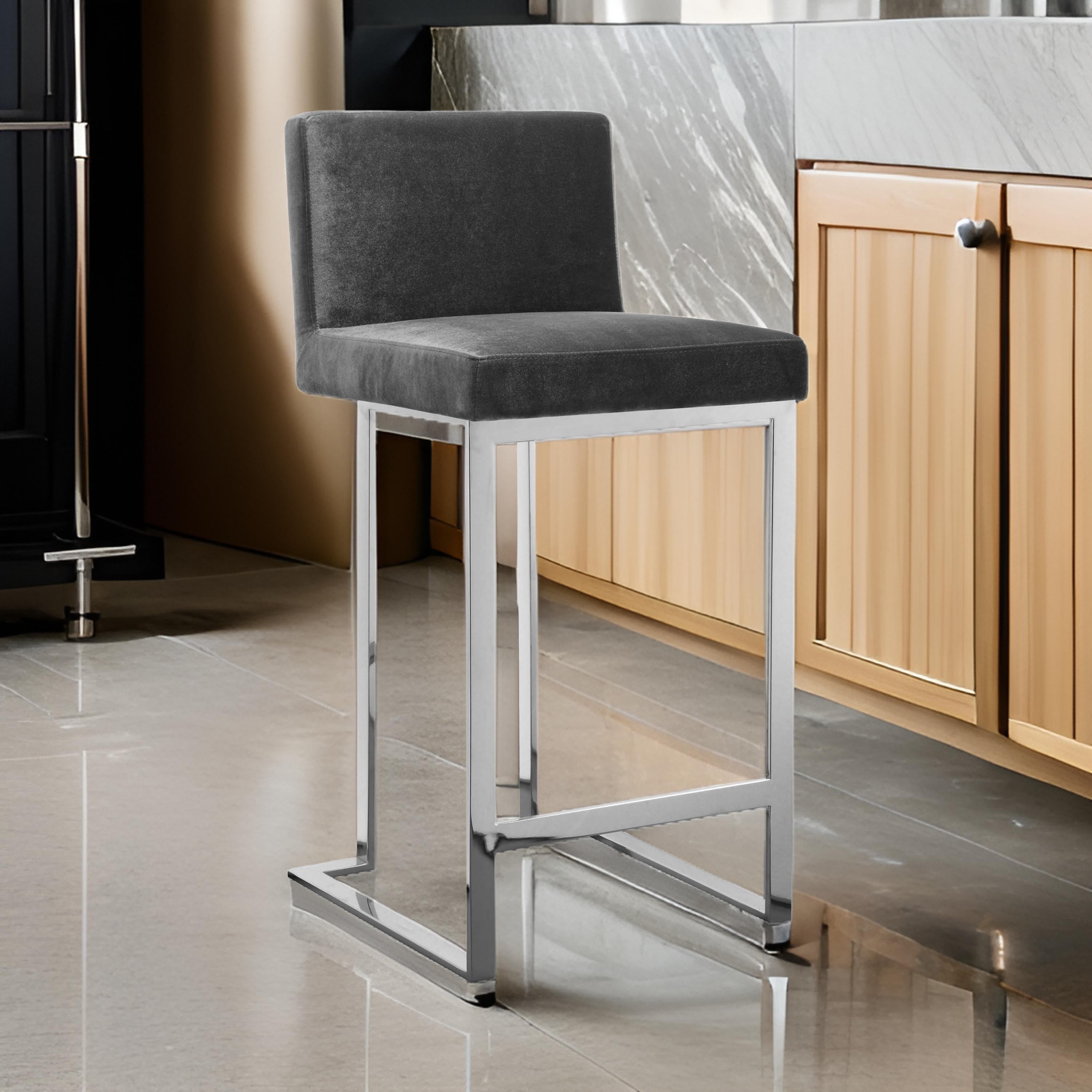 Benjara Boly 26 Inch Counter Height Chair, Gray Velvet, Foam Cushions, Chrome Steel