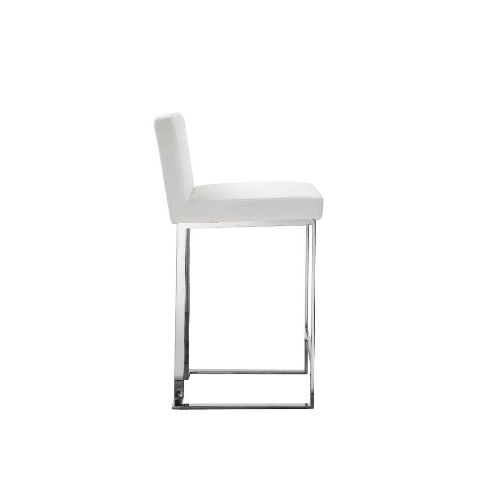 Benjara Boly 26 Inch Counter Height Chair, White Faux Leather, Foam Cushions, Steel
