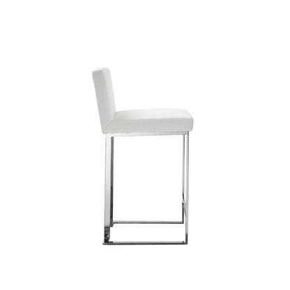Benjara Boly 26 Inch Counter Height Chair, White Faux Leather, Foam Cushions, Steel