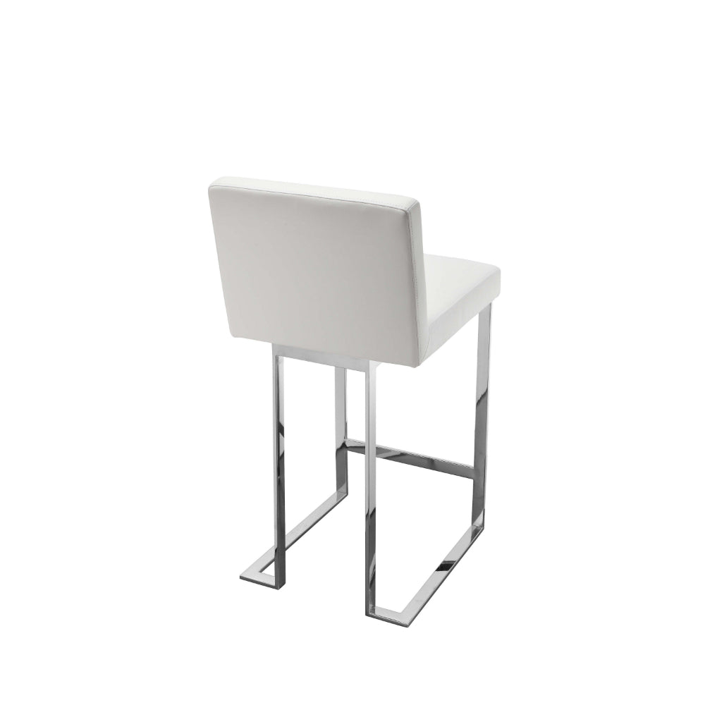 Benjara Boly 26 Inch Counter Height Chair, White Faux Leather, Foam Cushions, Steel