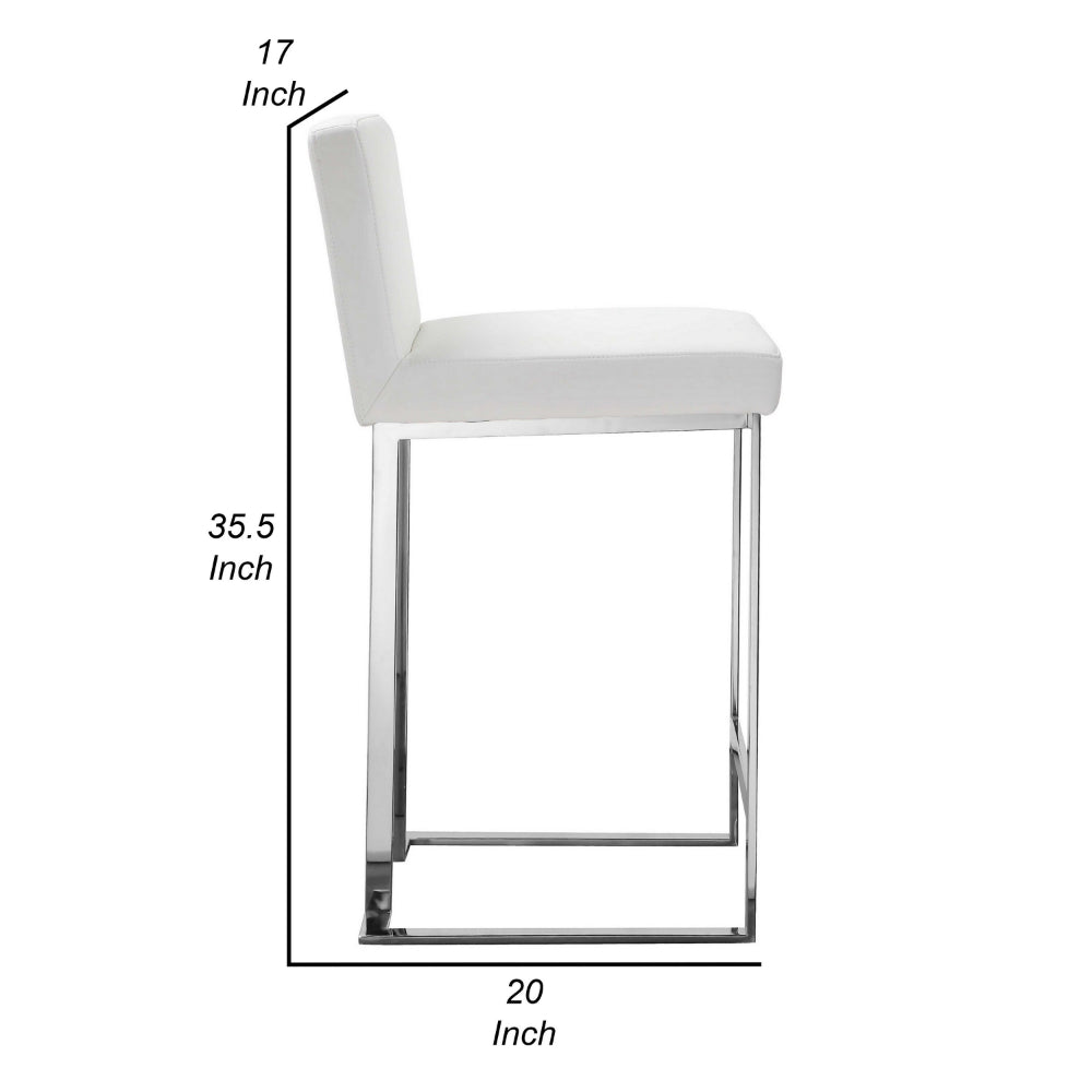 Benjara Boly 26 Inch Counter Height Chair, White Faux Leather, Foam Cushions, Steel