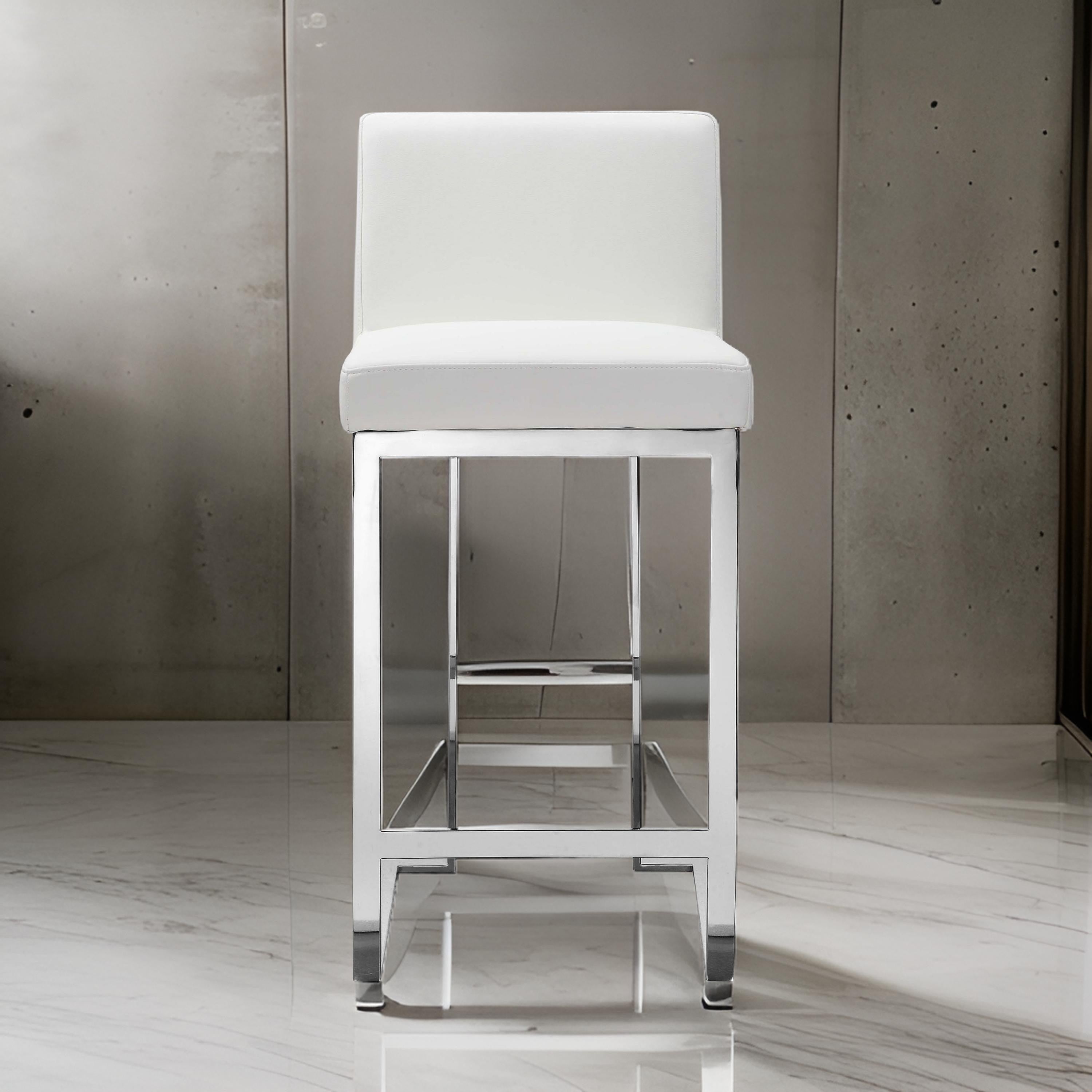 Benjara Boly 26 Inch Counter Height Chair, White Faux Leather, Foam Cushions, Steel
