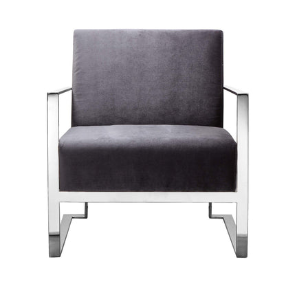 Benjara Boly 28 Inch Lounge Chair, Gray Velvet, Foam Cushions, Chrome Steel Base