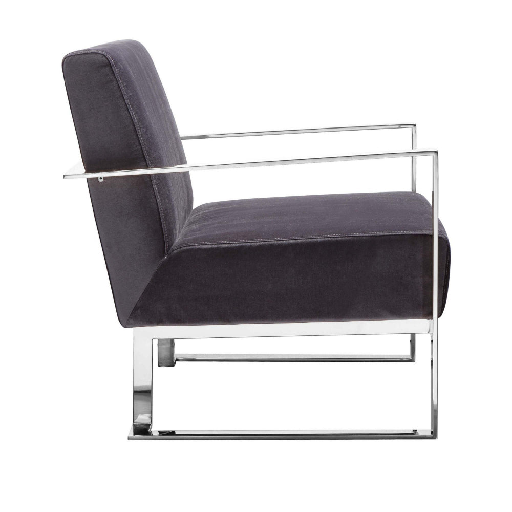 Benjara Boly 28 Inch Lounge Chair, Gray Velvet, Foam Cushions, Chrome Steel Base