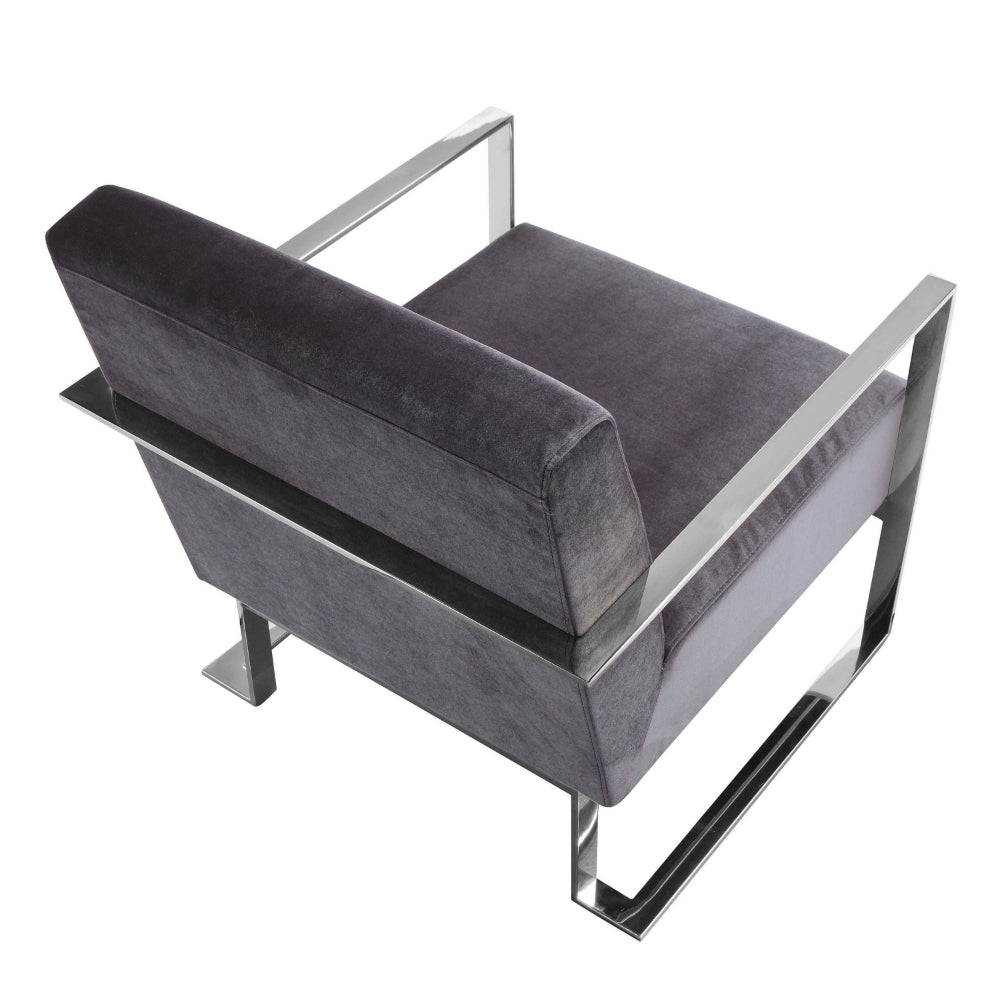 Benjara Boly 28 Inch Lounge Chair, Gray Velvet, Foam Cushions, Chrome Steel Base