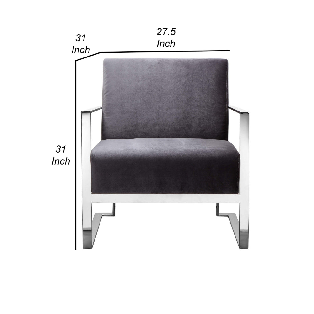 Benjara Boly 28 Inch Lounge Chair, Gray Velvet, Foam Cushions, Chrome Steel Base