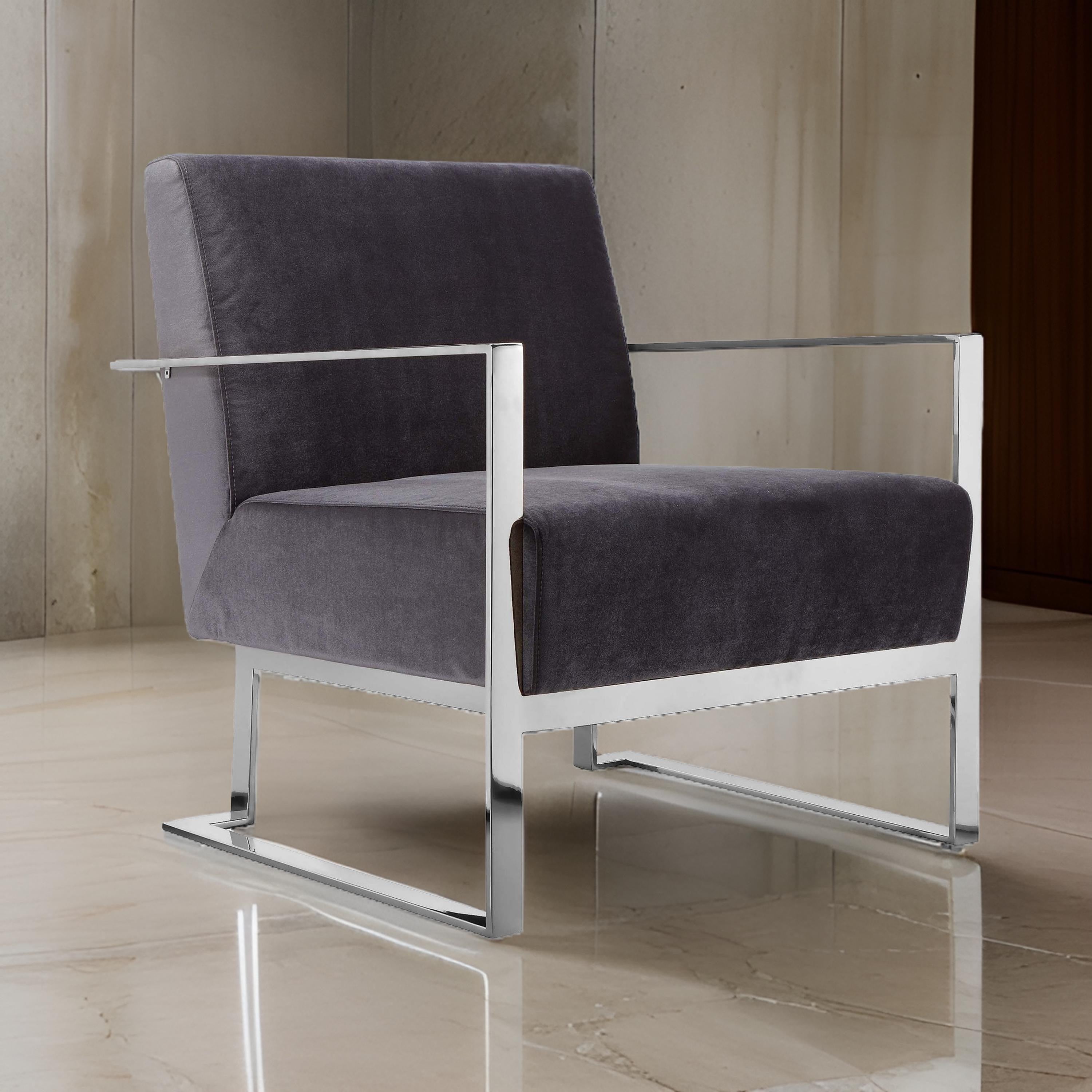Benjara Boly 28 Inch Lounge Chair, Gray Velvet, Foam Cushions, Chrome Steel Base
