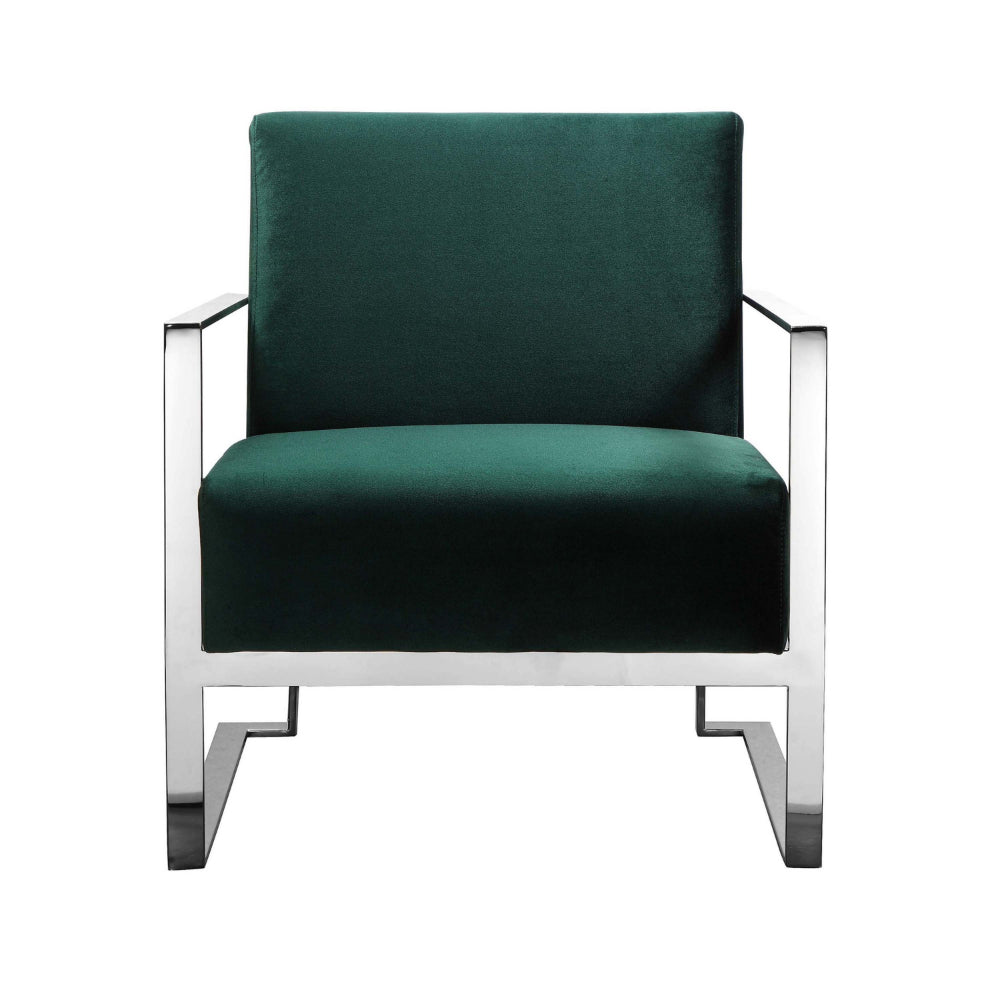Benjara Boly 28 Inch Lounge Chair, Green Velvet, Foam Cushions, Chrome Steel Base