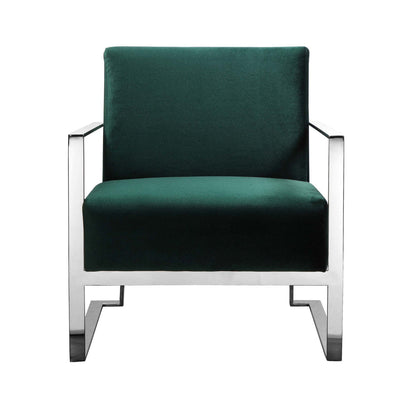 Benjara Boly 28 Inch Lounge Chair, Green Velvet, Foam Cushions, Chrome Steel Base