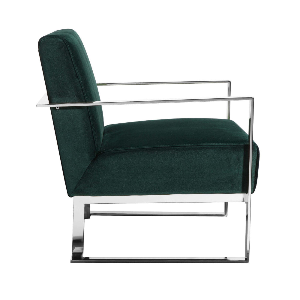 Benjara Boly 28 Inch Lounge Chair, Green Velvet, Foam Cushions, Chrome Steel Base