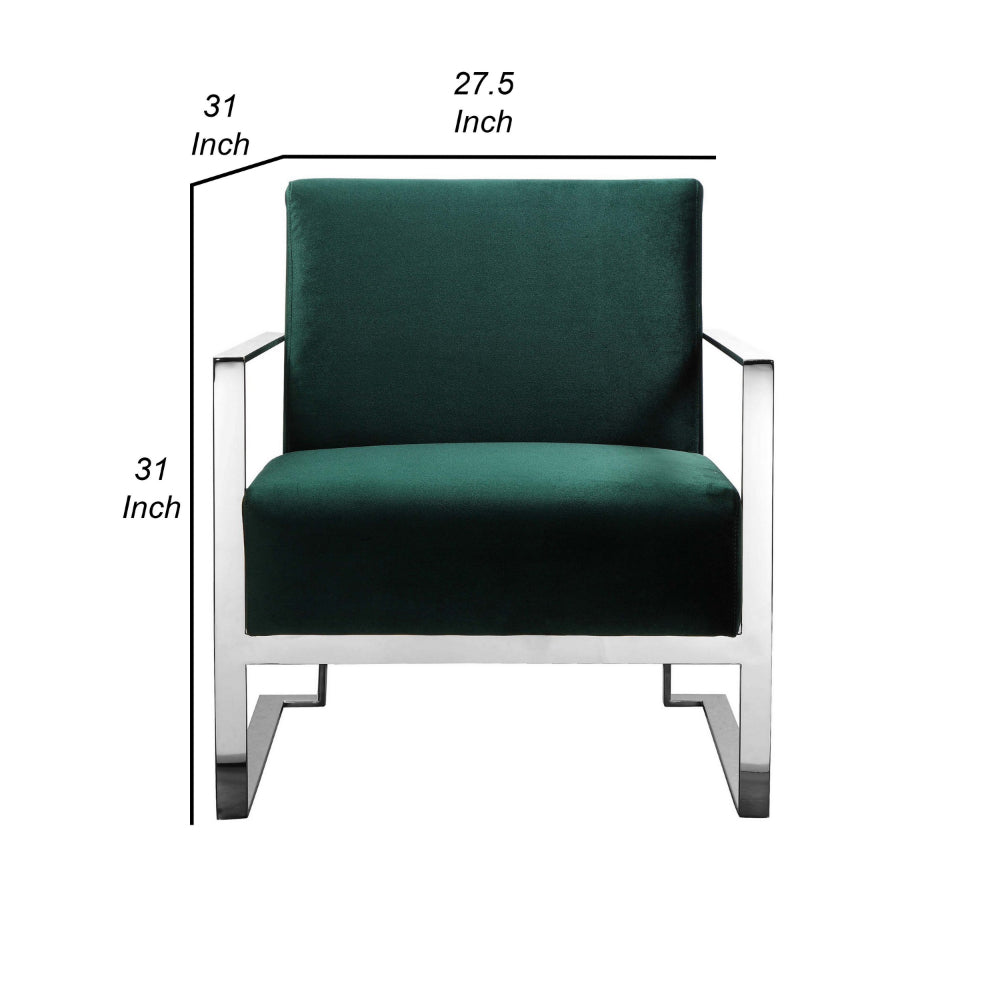 Benjara Boly 28 Inch Lounge Chair, Green Velvet, Foam Cushions, Chrome Steel Base