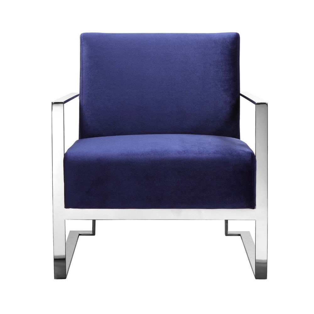 Benjara Boly 28 Inch Lounge Chair, Navy Velvet, Foam Cushions, Chrome Steel Base
