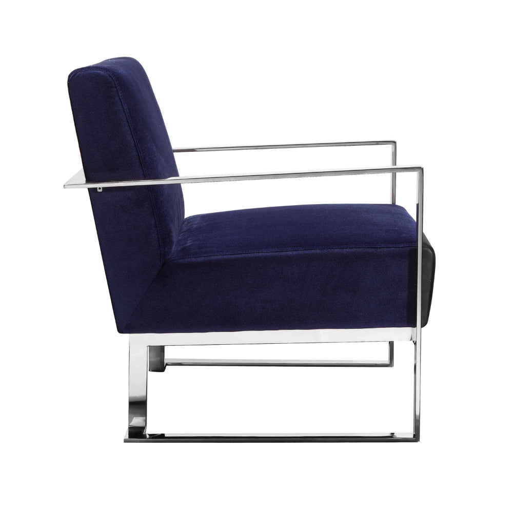 Benjara Boly 28 Inch Lounge Chair, Navy Velvet, Foam Cushions, Chrome Steel Base