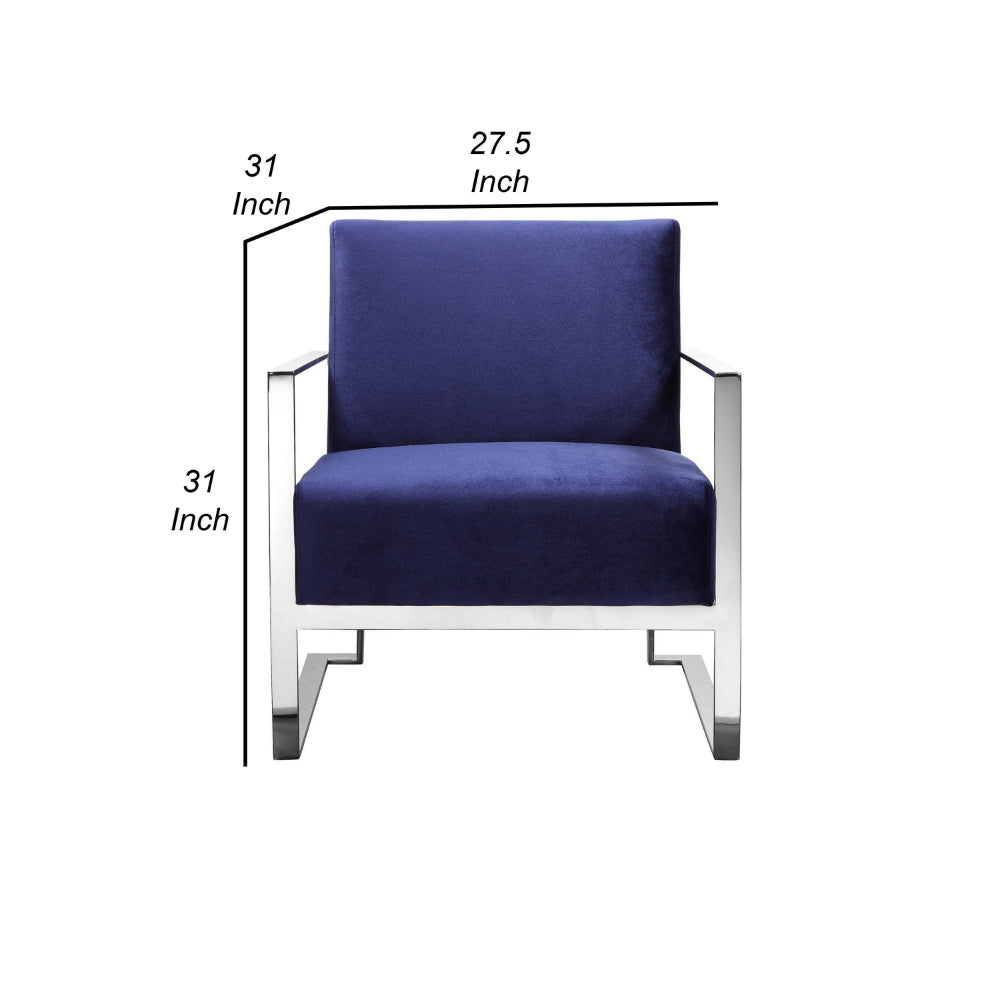 Benjara Boly 28 Inch Lounge Chair, Navy Velvet, Foam Cushions, Chrome Steel Base