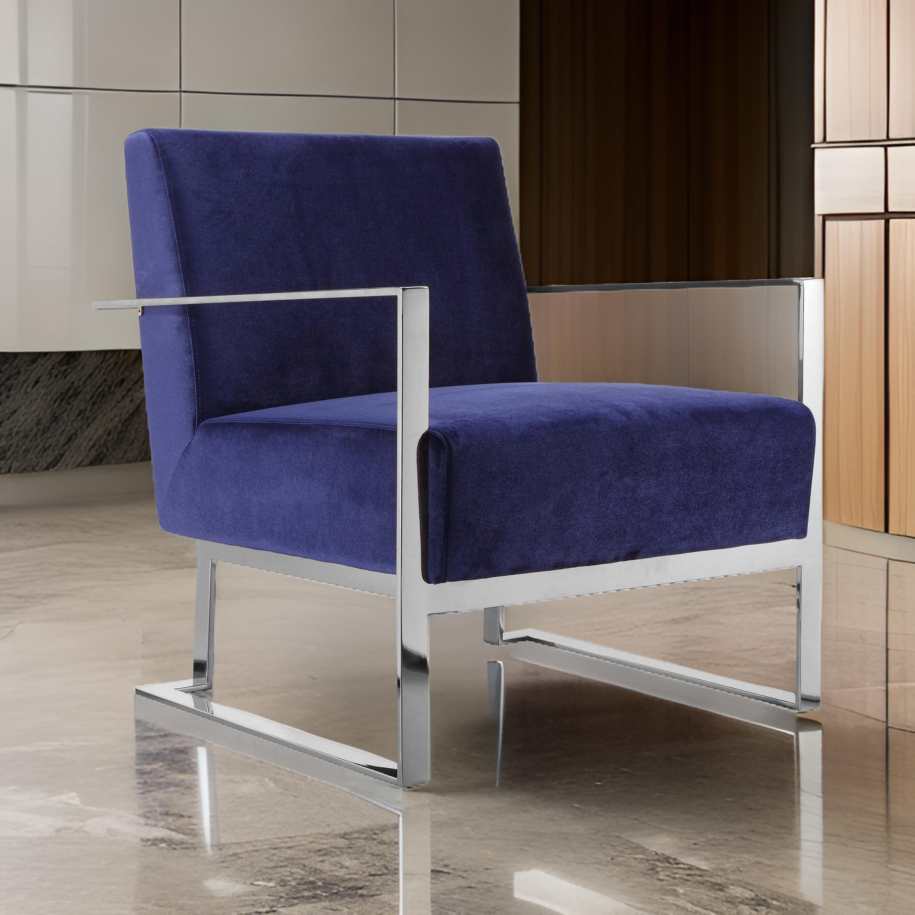 Benjara Boly 28 Inch Lounge Chair, Navy Velvet, Foam Cushions, Chrome Steel Base