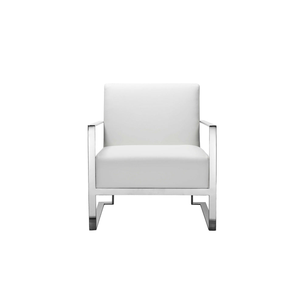 Benjara Boly 28 Inch Lounge Chair, White Faux Leather, Cushions, Chrome Steel Base