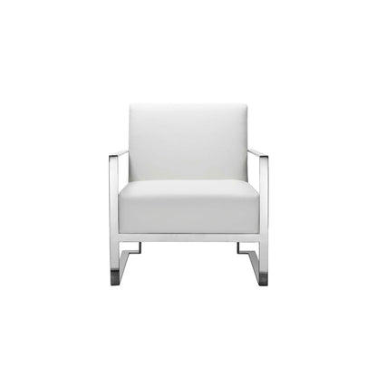 Benjara Boly 28 Inch Lounge Chair, White Faux Leather, Cushions, Chrome Steel Base