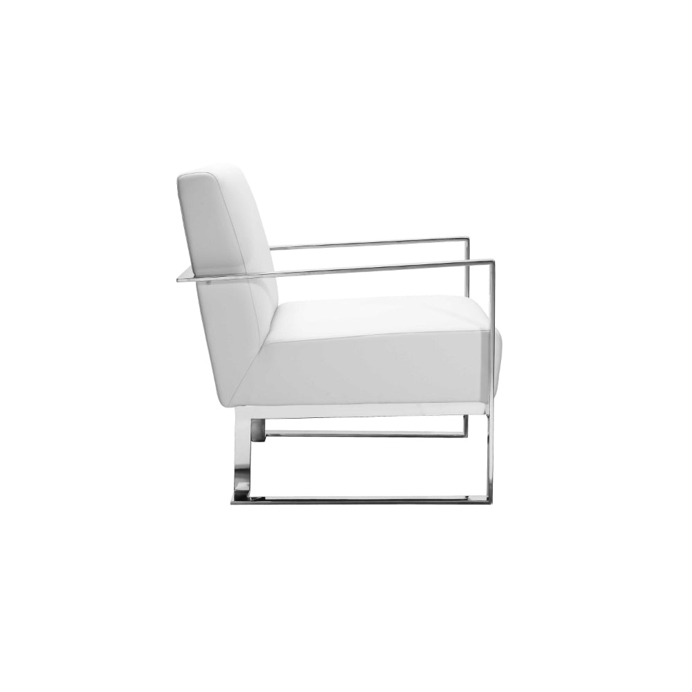 Benjara Boly 28 Inch Lounge Chair, White Faux Leather, Cushions, Chrome Steel Base