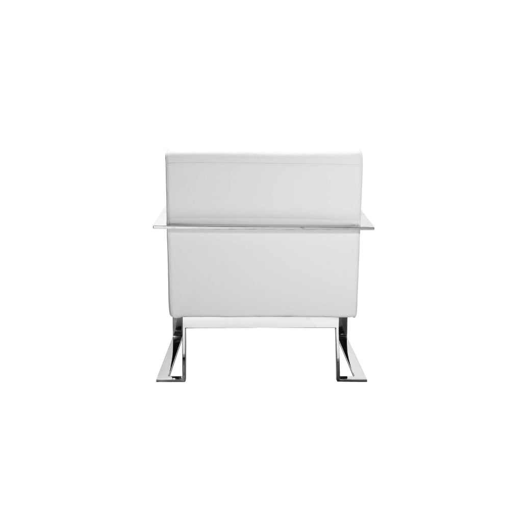 Benjara Boly 28 Inch Lounge Chair, White Faux Leather, Cushions, Chrome Steel Base