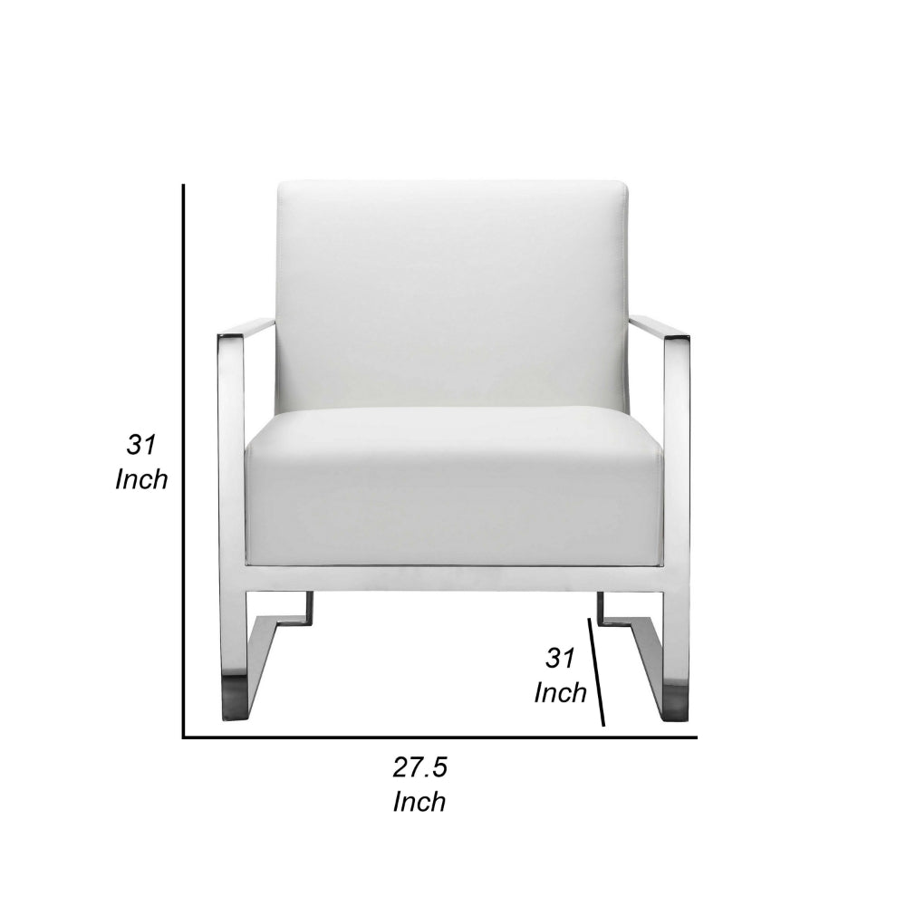 Benjara Boly 28 Inch Lounge Chair, White Faux Leather, Cushions, Chrome Steel Base