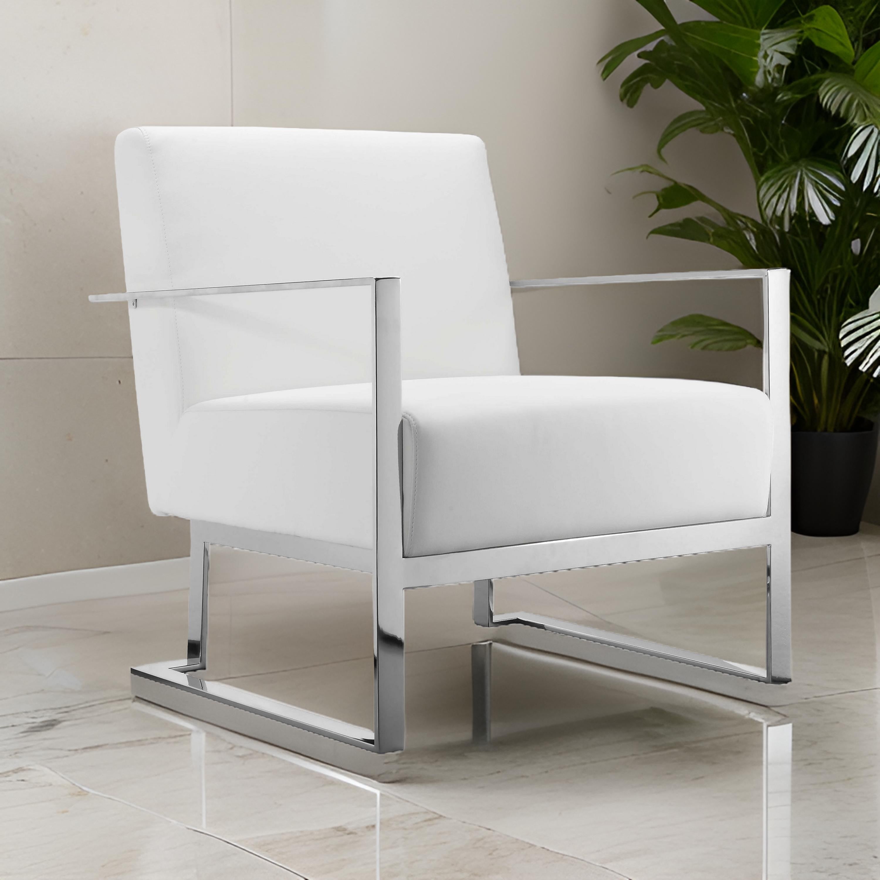 Benjara Boly 28 Inch Lounge Chair, White Faux Leather, Cushions, Chrome Steel Base