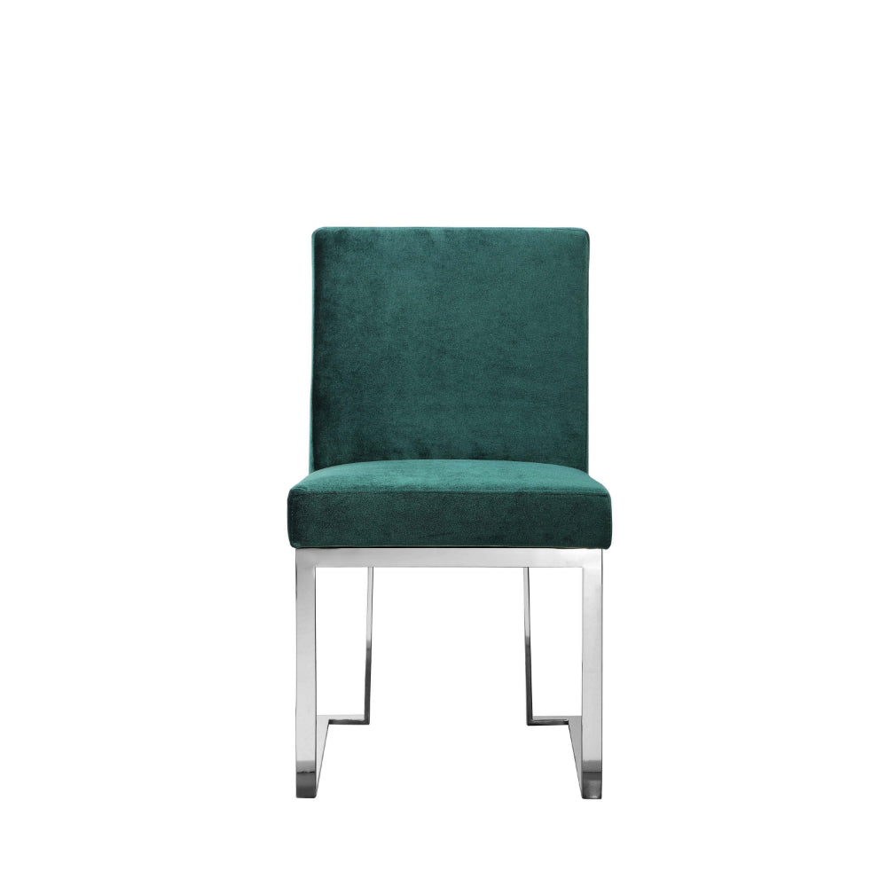 Benjara Boly 19 Inch Dining Chair, Set of 2, Green Velvet, Foam, Chrome Steel Base