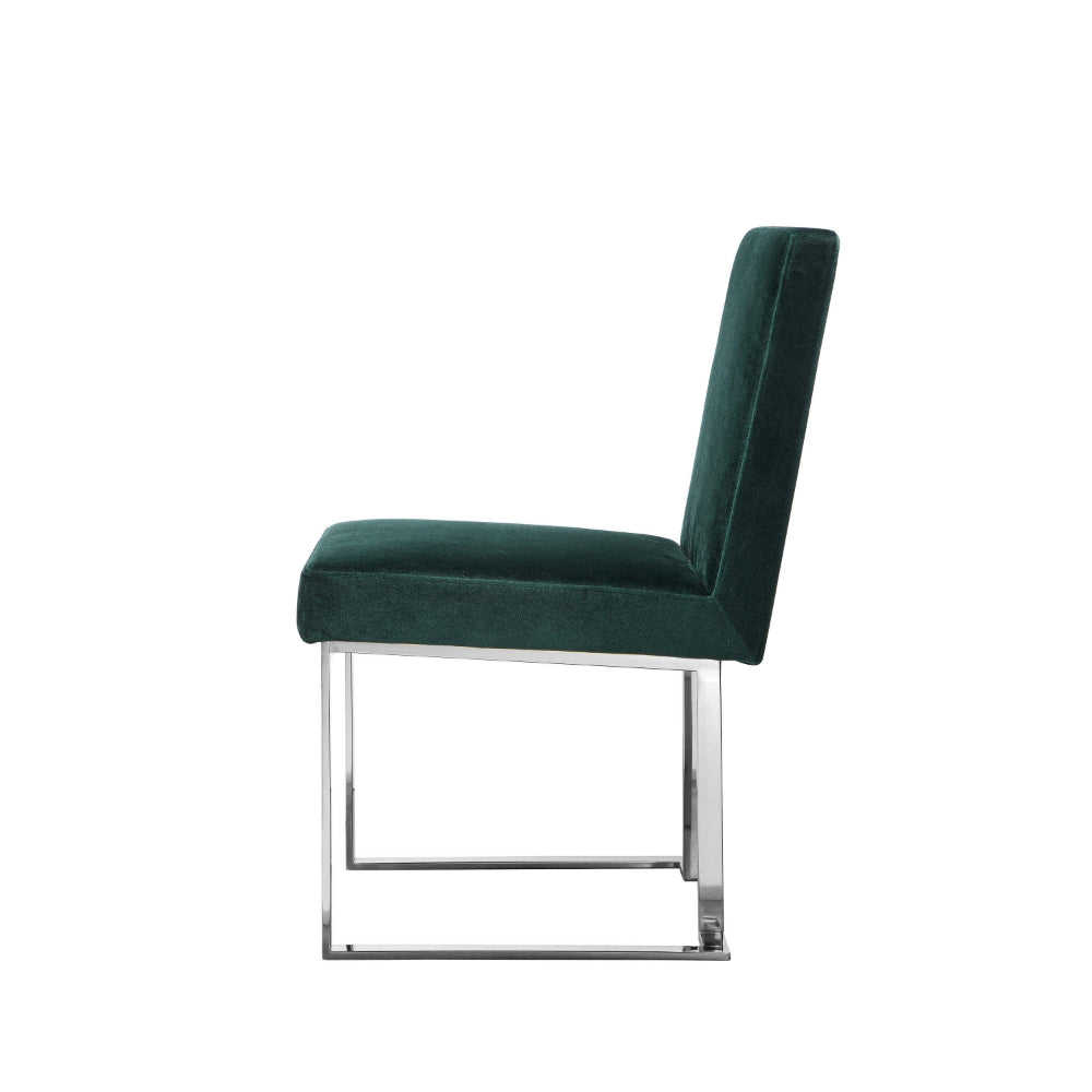 Benjara Boly 19 Inch Dining Chair, Set of 2, Green Velvet, Foam, Chrome Steel Base