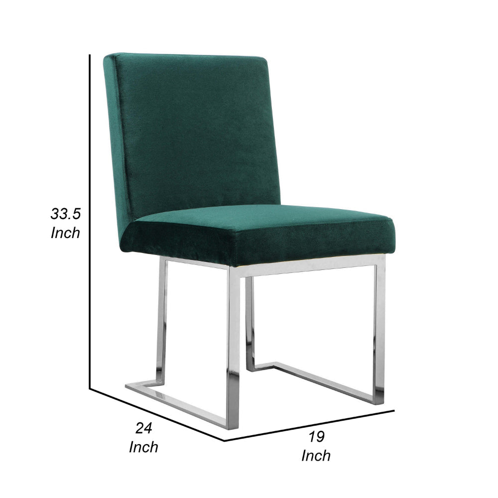 Benjara Boly 19 Inch Dining Chair, Set of 2, Green Velvet, Foam, Chrome Steel Base