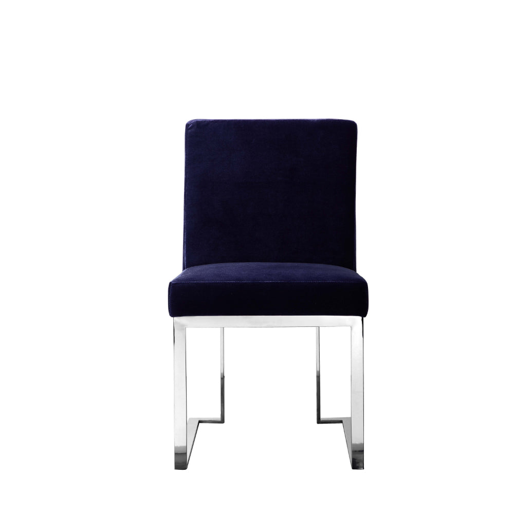 Benjara Boly 19 Inch Dining Chair, Set of 2, Navy Blue Velvet, Foam, Chrome Steel