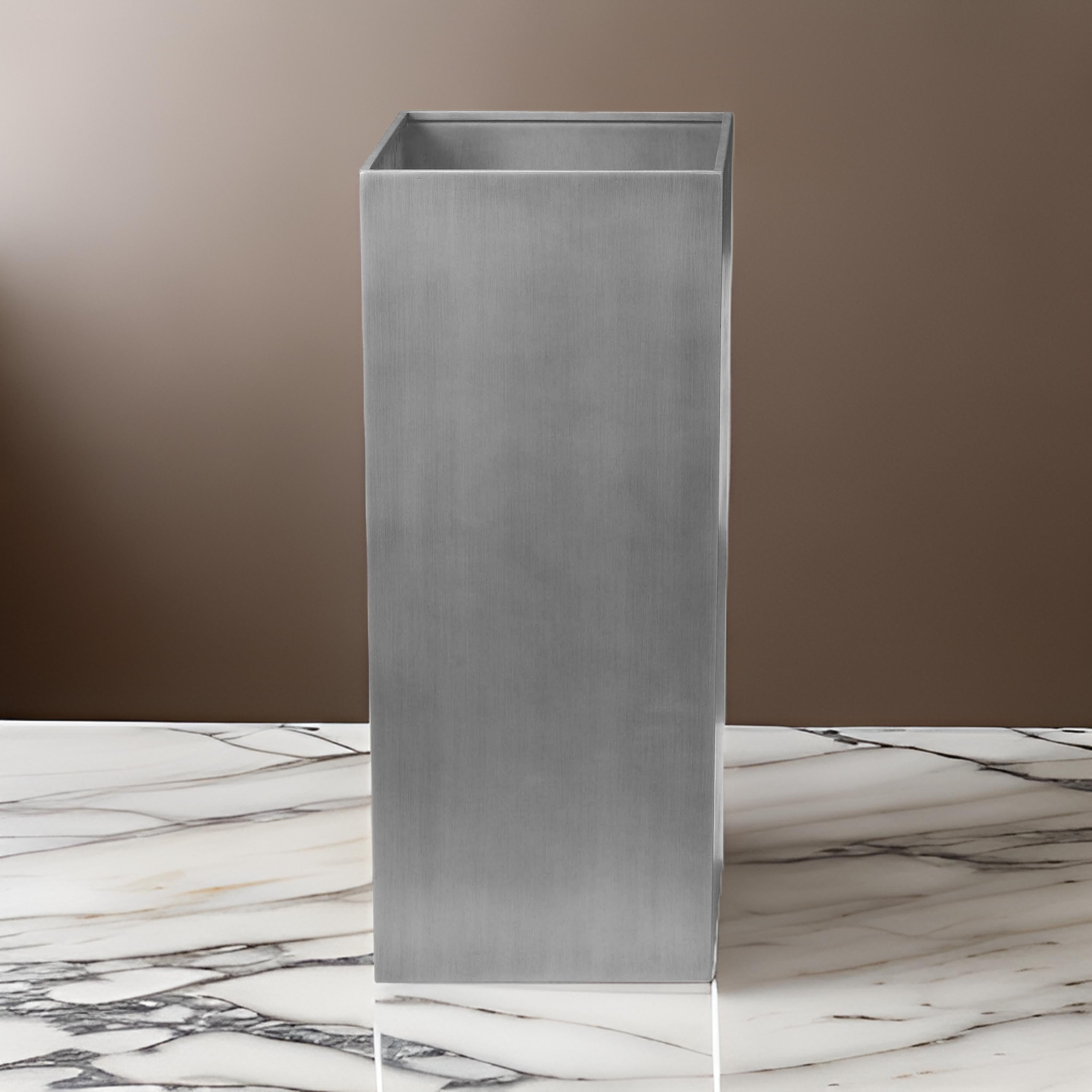 Benjara Jo 32 Inch Tall Flower Pot Planter, Hidden Indented Box, Gray Brushed Metal