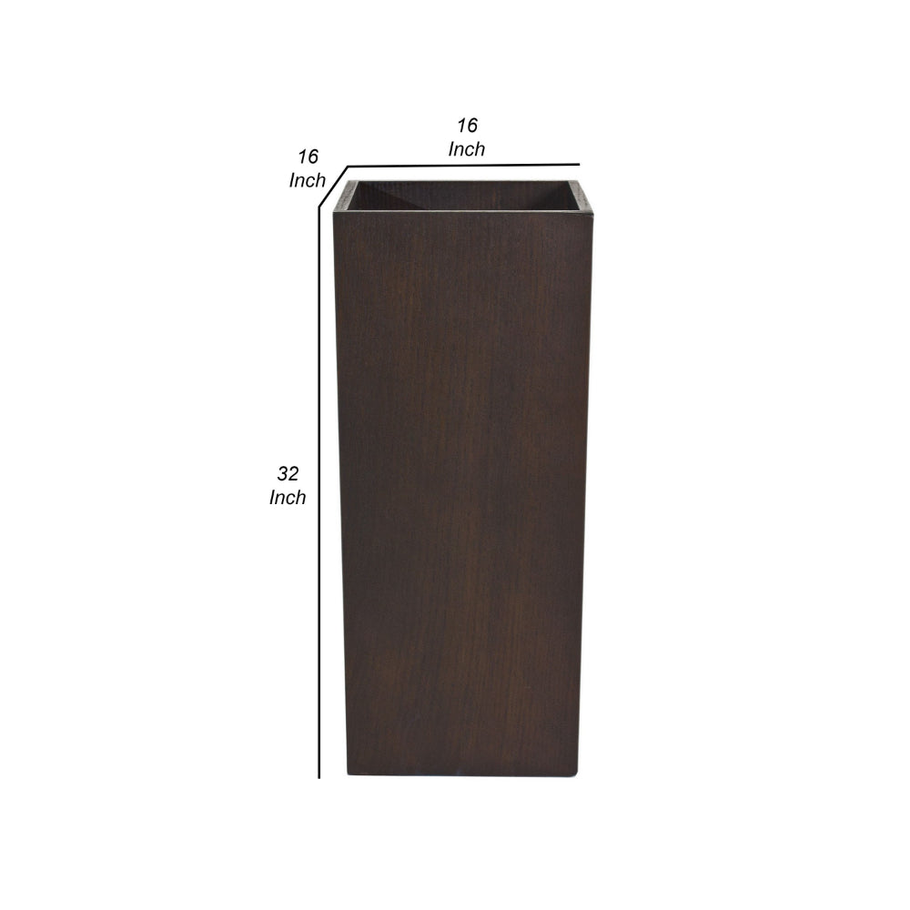 Benjara Jo 32 Inch Tall Flower Pot Planter, Hidden Indented Box, Dark Brown Veneer