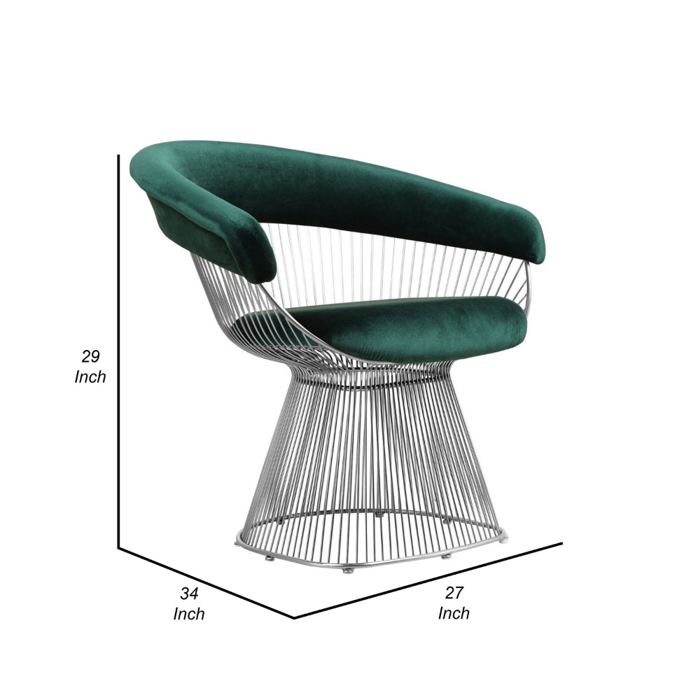 Benjara Mimi 27 Inch Accent Armchair, Green Velvet, Foam Cushions, Steel Wire