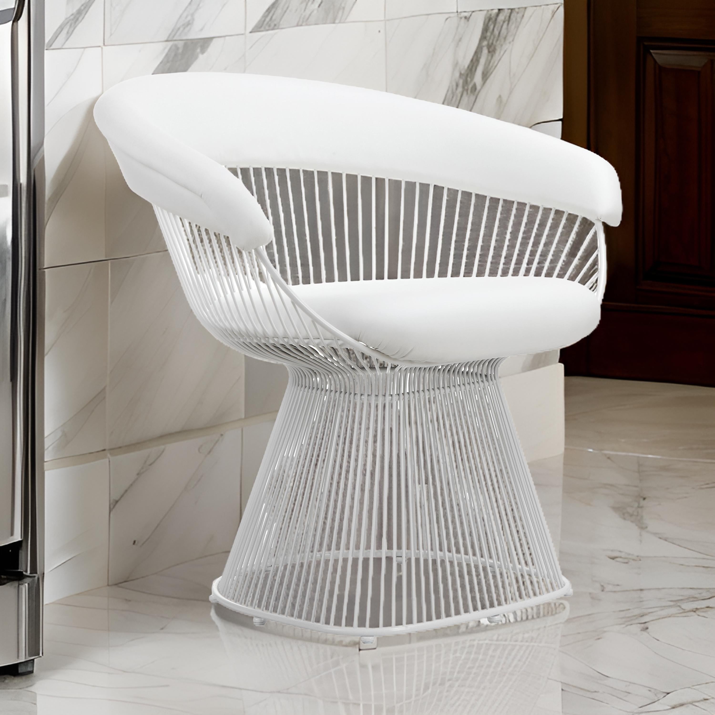Benjara Coll 33 Inch Accent Chair, Slatted Metal Curved Back, White Faux Leather