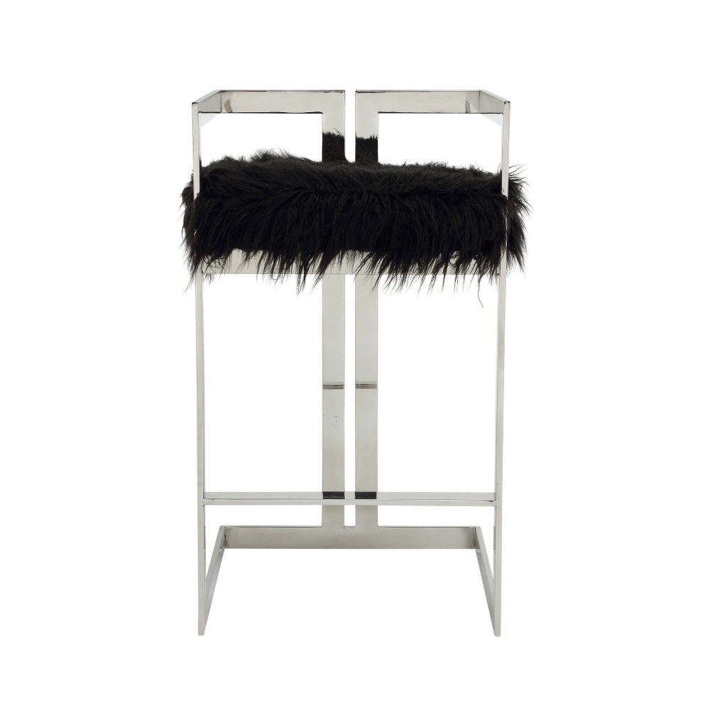 Benjara Suki 30 Inch Barstool Chair, Cushioned Black Faux Fur, Silver Cantilever