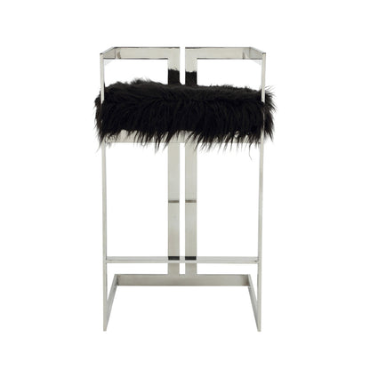 Benjara Suki 30 Inch Barstool Chair, Cushioned Black Faux Fur, Silver Cantilever