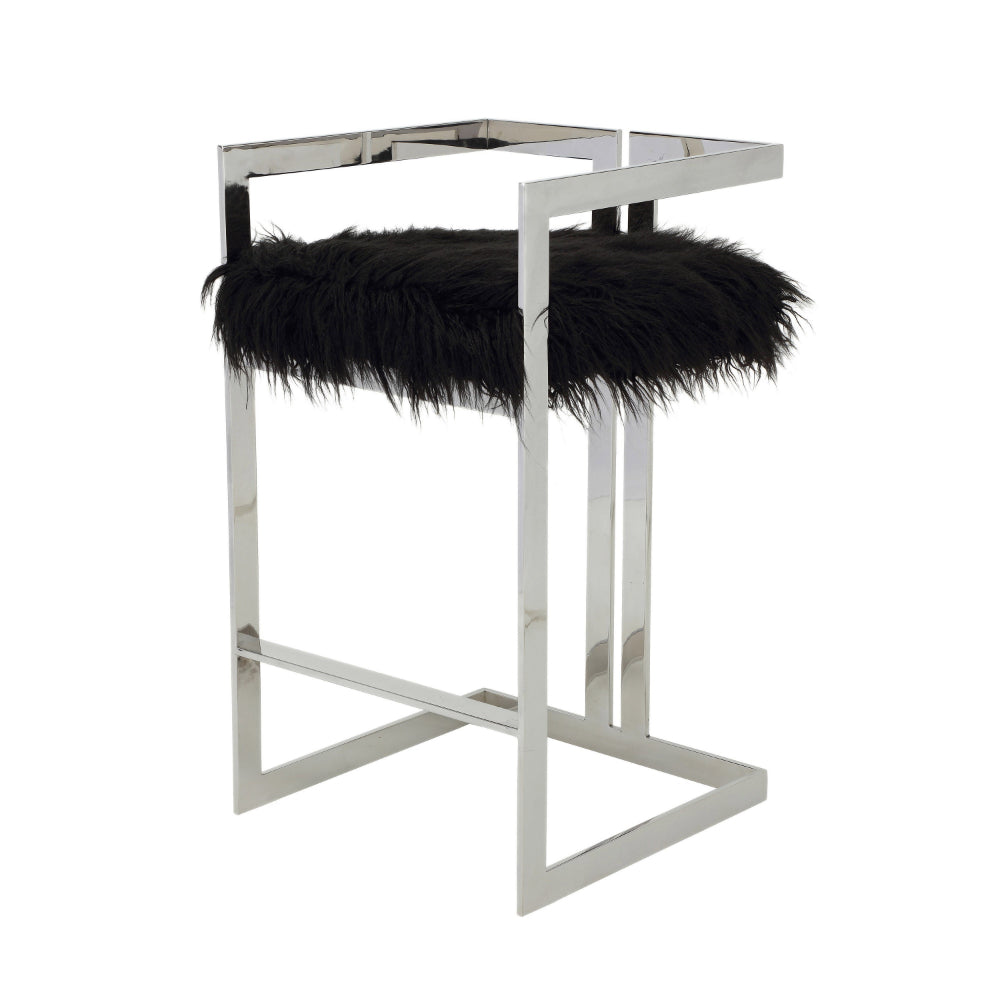 Benjara Suki 30 Inch Barstool Chair, Cushioned Black Faux Fur, Silver Cantilever