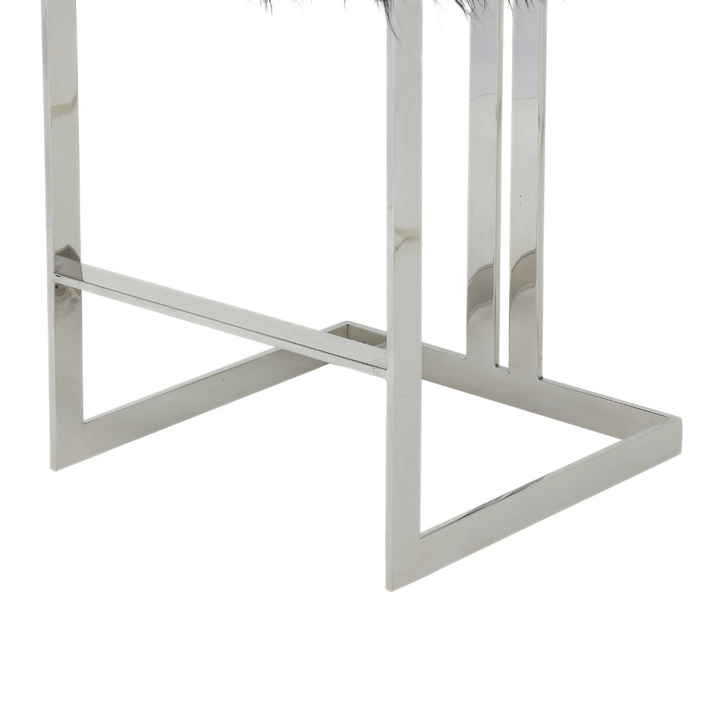 Benjara Suki 30 Inch Barstool Chair, Cushioned Black Faux Fur, Silver Cantilever