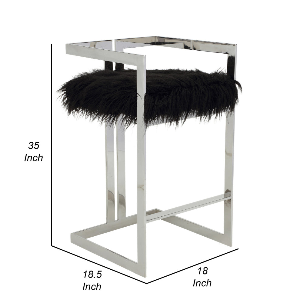 Benjara Suki 30 Inch Barstool Chair, Cushioned Black Faux Fur, Silver Cantilever