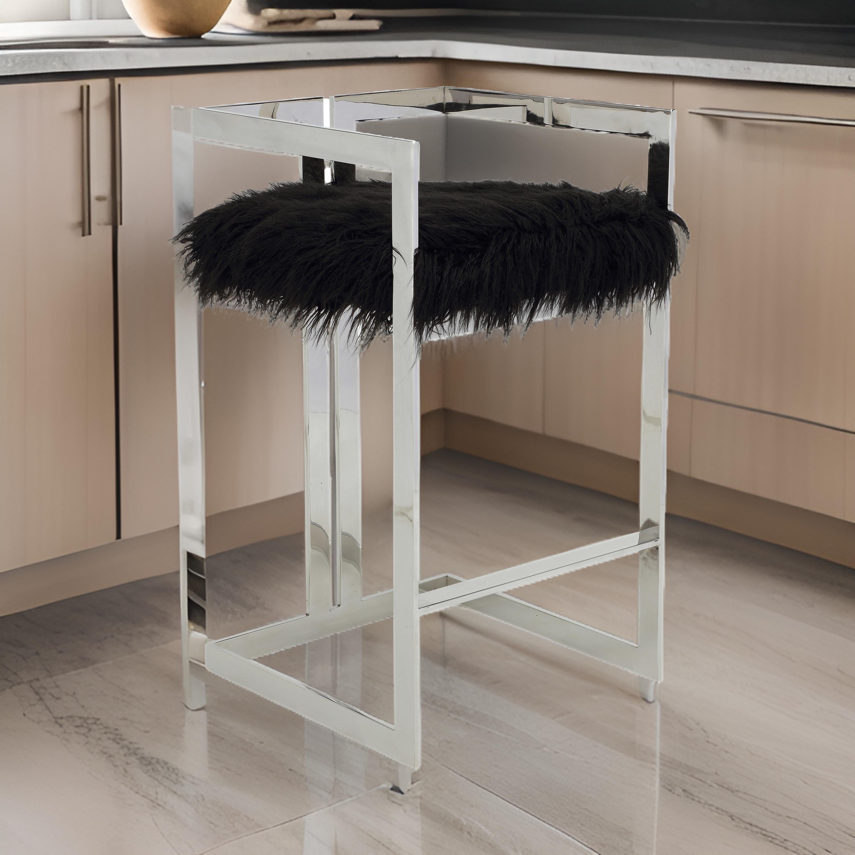 Benjara Suki 30 Inch Barstool Chair, Cushioned Black Faux Fur, Silver Cantilever