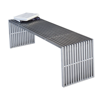 Benjara Niki 55 Inch Metal Bench, Slatted, Rectangular Shape, Brushed Silver Steel