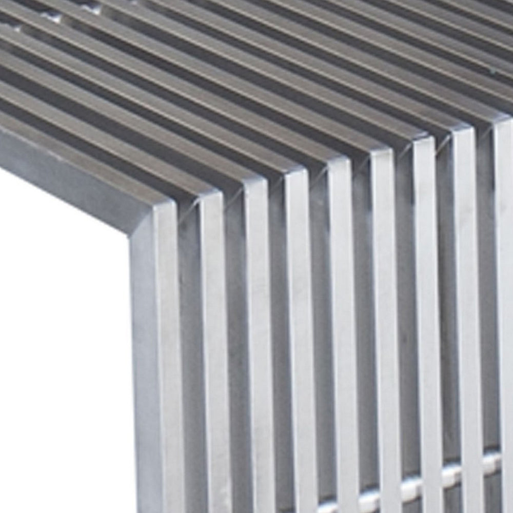 Benjara Niki 55 Inch Metal Bench, Slatted, Rectangular Shape, Brushed Silver Steel