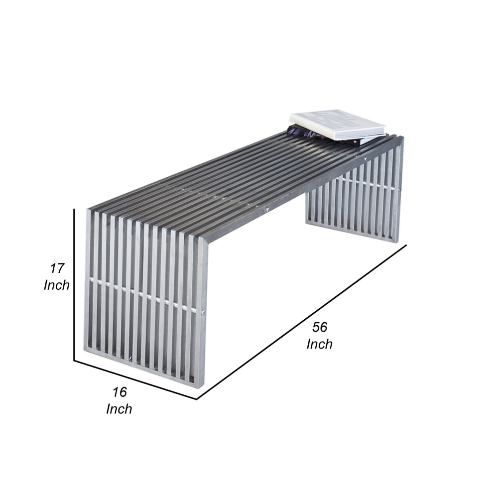 Benjara Niki 55 Inch Metal Bench, Slatted, Rectangular Shape, Brushed Silver Steel