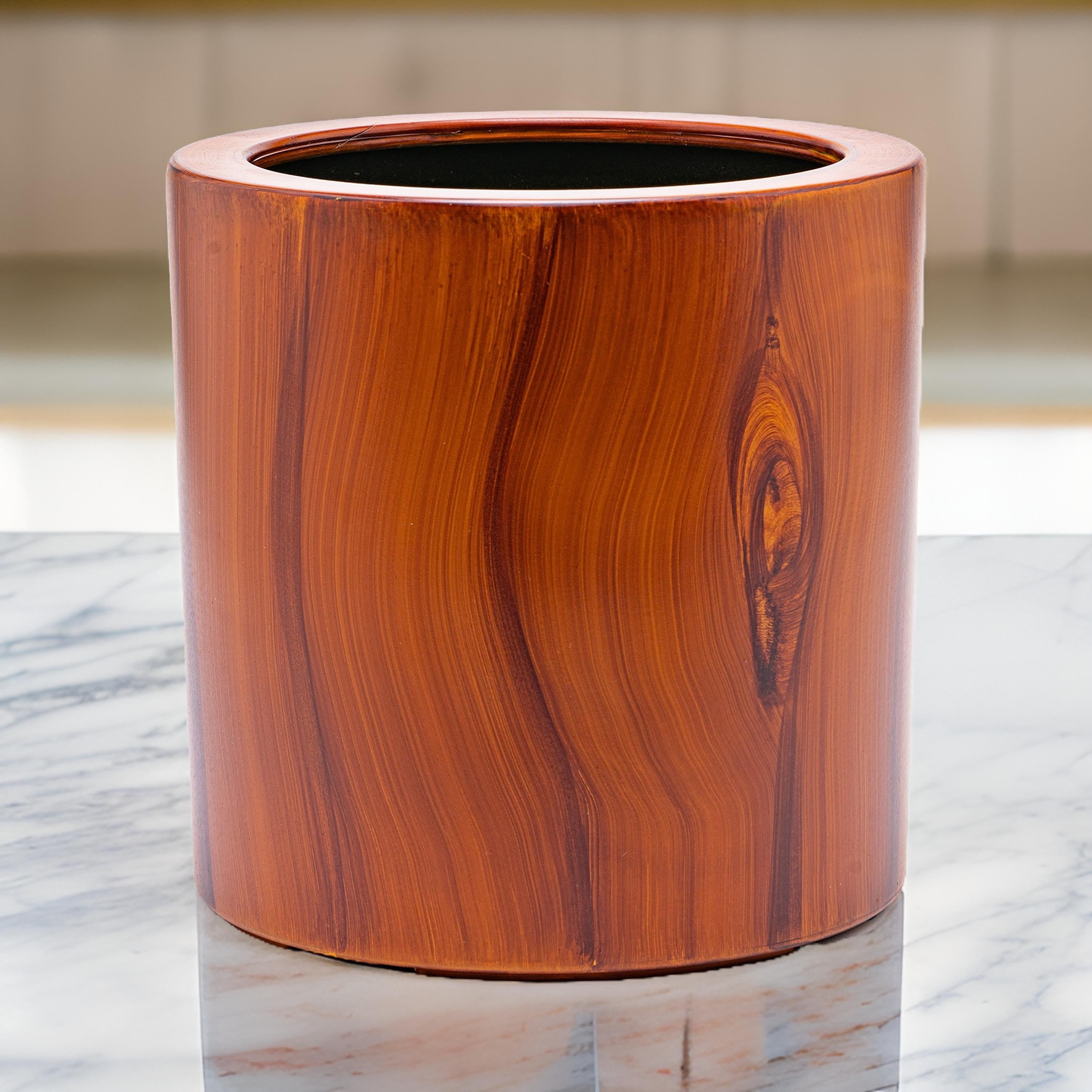 Benjara Shyo 8 Inch Self Watering Planter, Faux Wood ABS Body, Round, Dark Brown