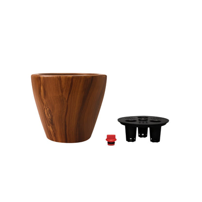 Benjara Shyo Self Watering Planter Set of 2, Round Pots, Dark Brown Faux Wood