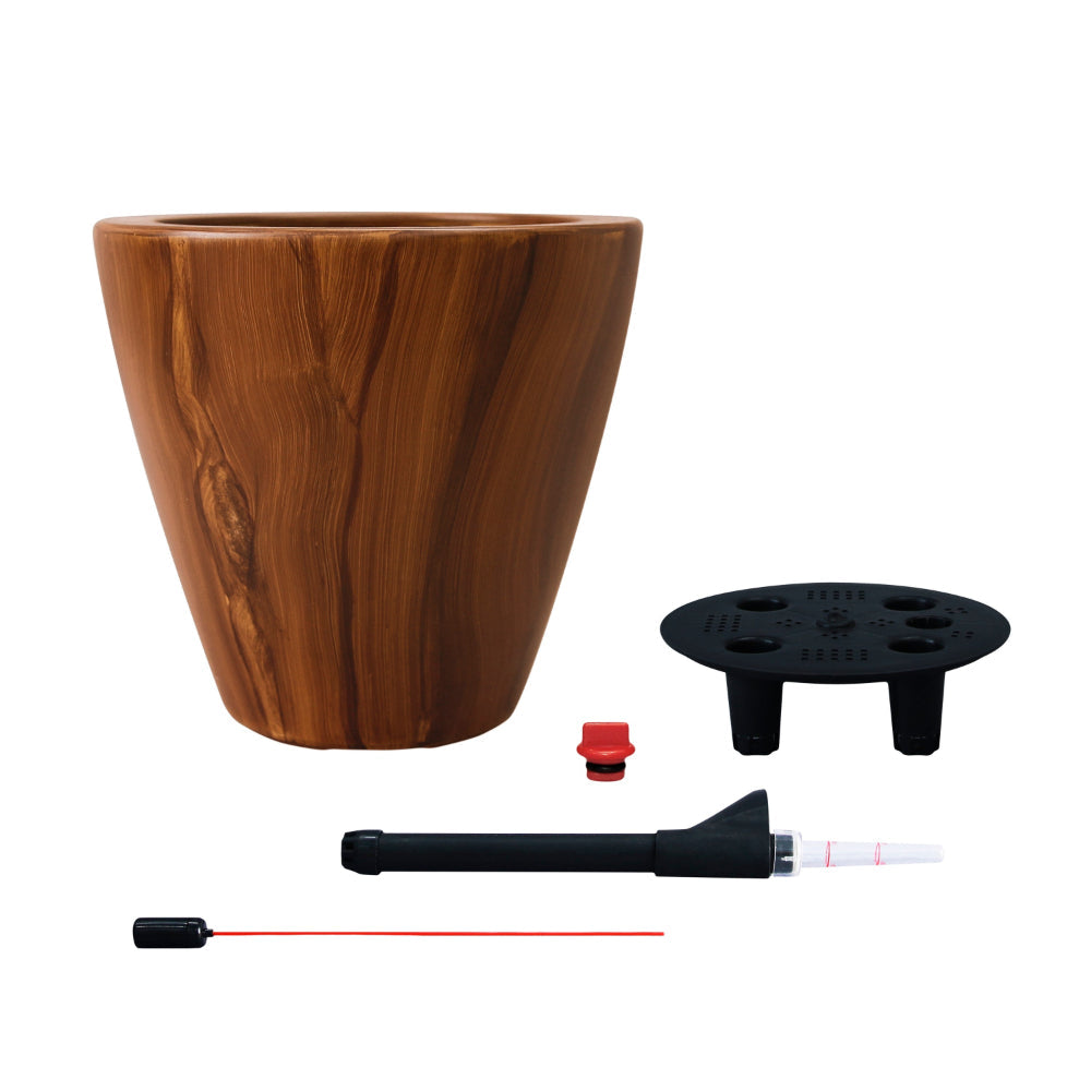 Benjara Shyo Self Watering Planter Set of 2, Round Pots, Dark Brown Faux Wood