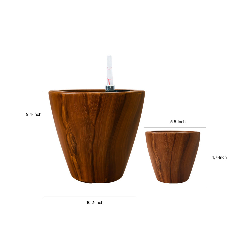 Benjara Shyo Self Watering Planter Set of 2, Round Pots, Dark Brown Faux Wood