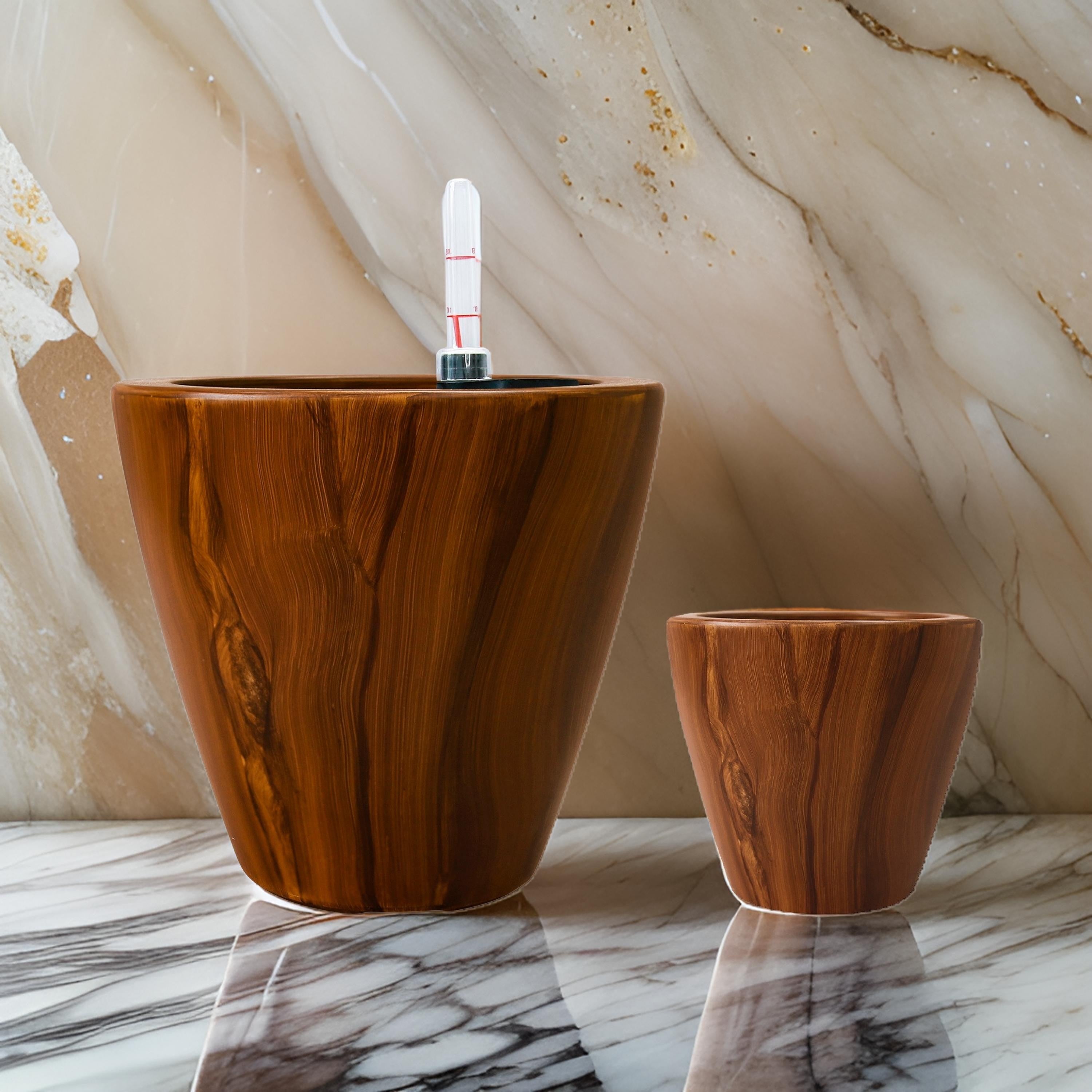 Benjara Shyo Self Watering Planter Set of 2, Round Pots, Dark Brown Faux Wood